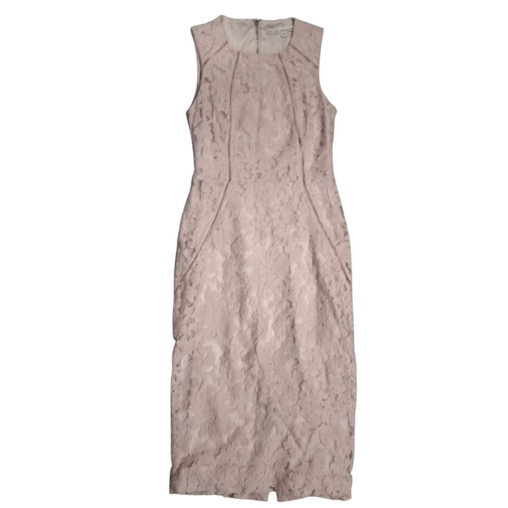 Rachel Soft pink midi dress, cotton lining, sheer embroidered shell with flowers